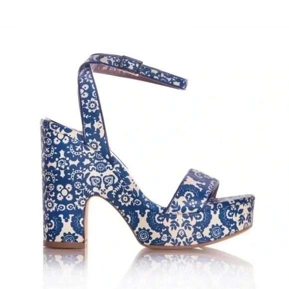 Tabitha Simmons Calla Blue & Ecru Floral Printed Leather Platform Heels Sandals - Picture 1 of 12